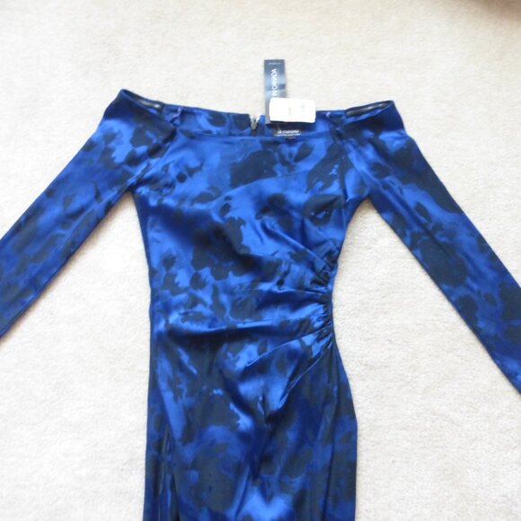 NWT LE CHATEAU cobalt blue and black abstract print off shoulder midi dr… - Picture 3 of 9